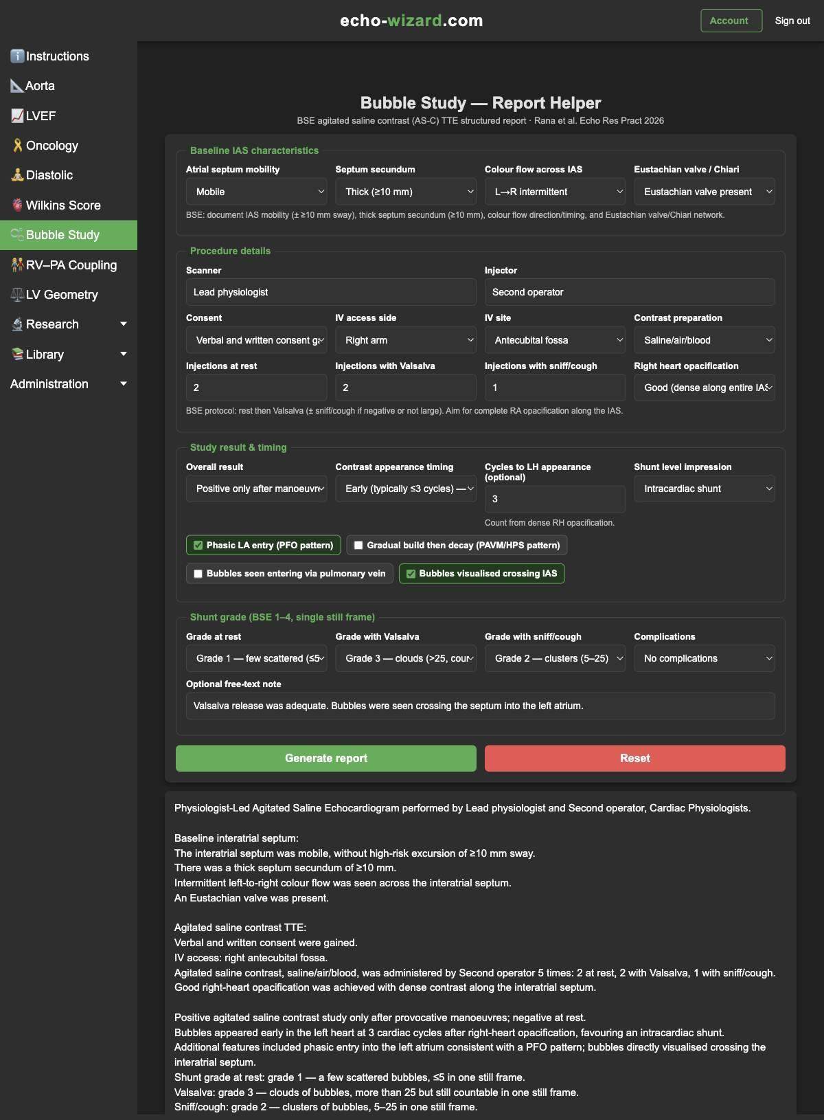 Completed bubble study form and report. Mobile septum, thick septum secundum, intermittent left-to-right flow, Eustachian valve, five injections, positive only after a manoeuvre at 3 cycles, grades 1, 3 and 2, and the full report suggestion.